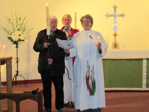 Churchwardens Brian Walter, Jackie-Drake Smith, and the Rev'd Stefanie Hodges at the special jubilee service.